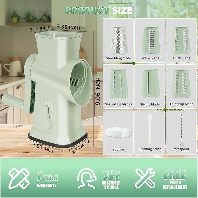 2025 Upgrade 6-In-1 Cheese Grater【 Military-Grade SUS304 Blade - 3S Fast Cut】【SGS Certification - German Nano Strong Suction Base】Cheese Grater Hand Crank Suitable for Home Use (Green 1)