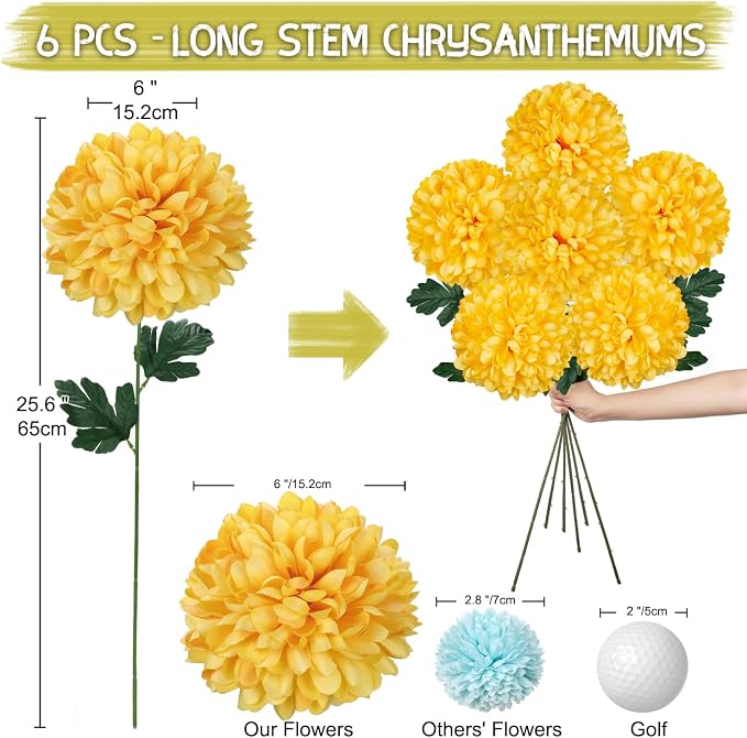 Briful [6PCS Autumn Artificial Chrysanthemum Flowers – 25.6” Long Stem Faux Silk Flowers with Large 6” Bloom Heads, Realistic Plastic Leaves – for Home Wedding Party Office Fall Decor (Yellow)