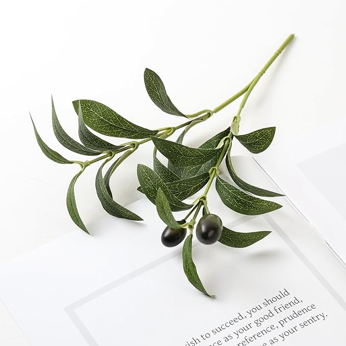 50pcs Faux Olive Leaves Stems 10” Tall Artificial Plants Olive Tree Branches for Small Vase Tabletop Greenery Decor for Home Office Wedding Party (Vase Not Included)