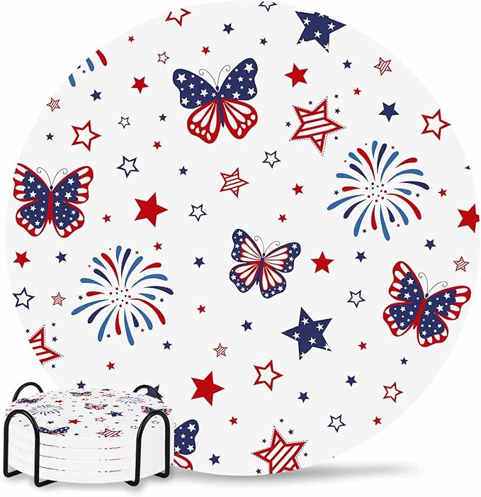 4th of July Coasters Set of 4 Stars Firework Butterfly Slate Drink Coasters with Holder Absorbent Stone Ceramic Cup Mat Blue Red Independence Day Coasters for Drinks Coffee Bar Office Decor Gifts