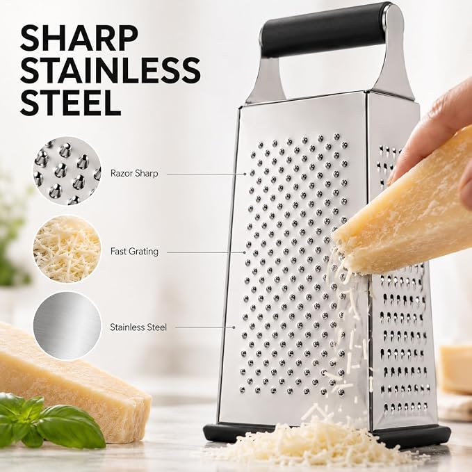 HIC Kitchen Professional Grater Zester, Stainless Steel, Non-Slip Base and Handle, 4 Multi-Grating Surfaces