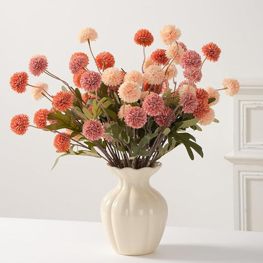 trytuny Fake Fall Flowers for Vase, Faux Silk Kiku Mums, Artificial Pom pom Floral Bouquets Indoor Centerpiece Office Coffee Table Boho Home Decorations (9, Mixed Orange)