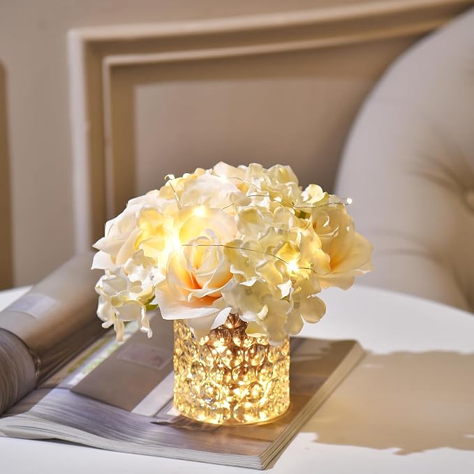 Rose Silk Flower Arrangement Artificial Vivid Rose in Glass Vase with LED Light Elegant Centerpiece for Home Wedding Bathroom Table Shelf Decoration (Champagne)