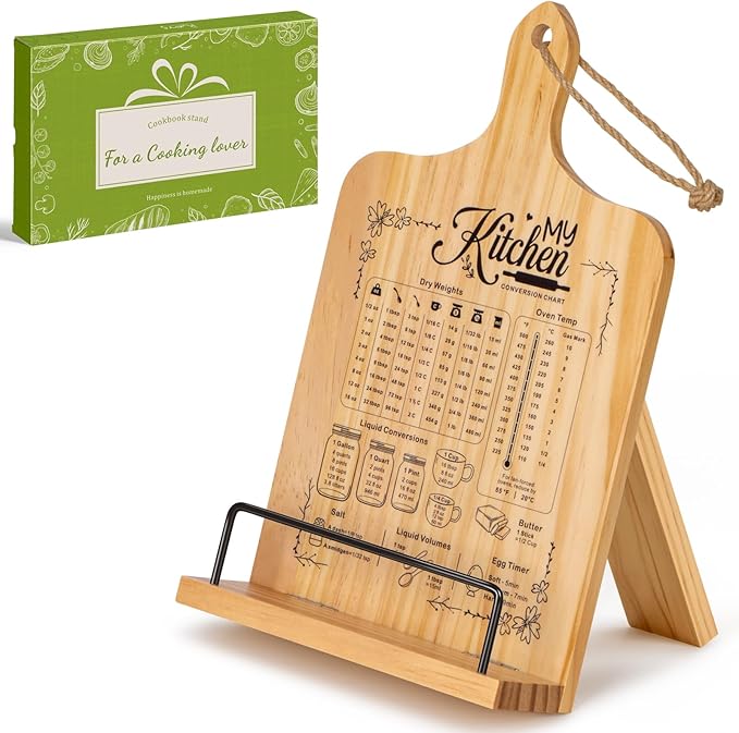 PUERSI Cook Book Stand for Kitchen Counter, Wooden Recipe Book Holder with Measurement Conversion Chart, Adjustable Cookbook Stand, Kitchen Gifts for Cooking Lovers