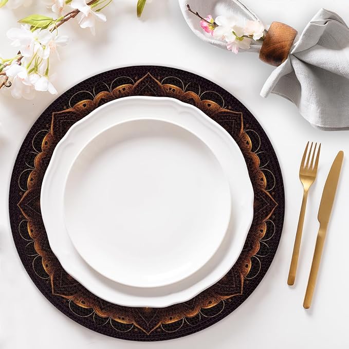 Round Placemats Set of 4, Fire Mandala Flowers Woven Placemats Mats Non-Slip Heat Resistant Washable Table Mats Round Braided Place for Farmhouse Kitchen Dining Party Decor 15in