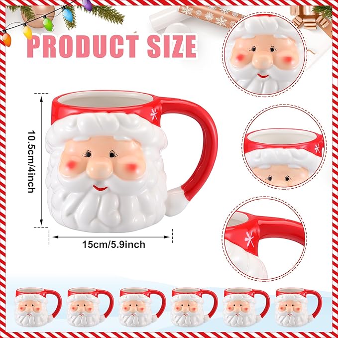 Sliner 6 Pcs Christmas Santa Coffee Mugs 16 oz Vintage Santa Claus Heads Ceramic Mug Christmas Themed Design Cup Set for Coffee Tea Hot Chocolate Xmas Holiday Gifts (Red)