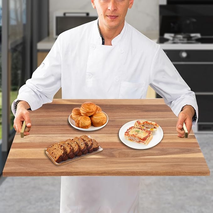 Noodle Board, 29x21in Acacia Wood Stove Top Cover, Kitchen Counter Protector w/Gold Handles, Modern Rectangular Cutting Board, Home Extra Workspace Sink Cover, Easy Clean Decorative Tray, Wood Color