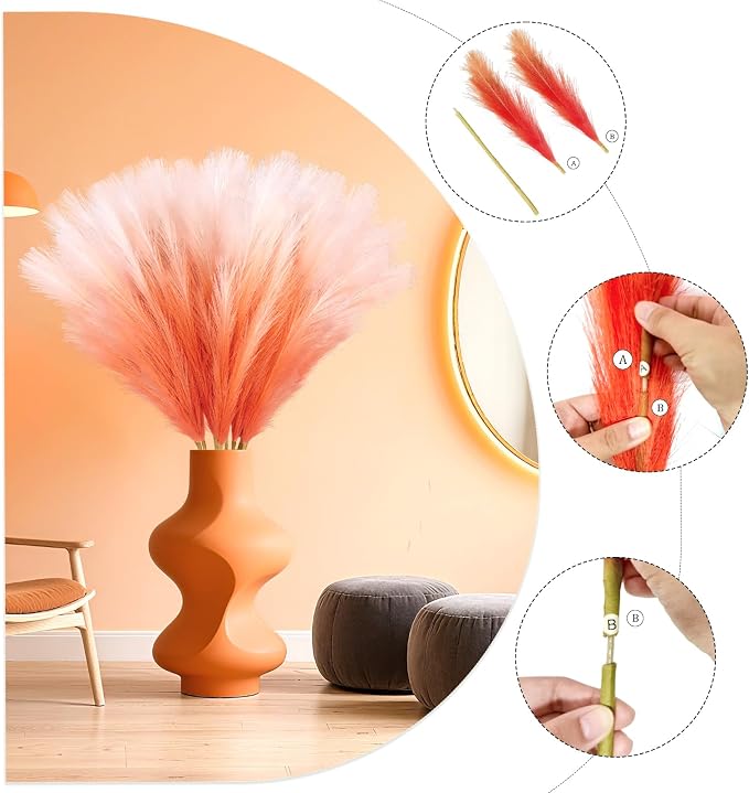 TORONTOKYO 8Pcs Orange Faux Pampas Grass Tall Decor, 35.4” Fluffy Artificial Pompous Grass Branches, Large Pampas Grass Reed Stems for Floor Vase Filler, Wedding, Baby Shower, Home Boho Fall Decor