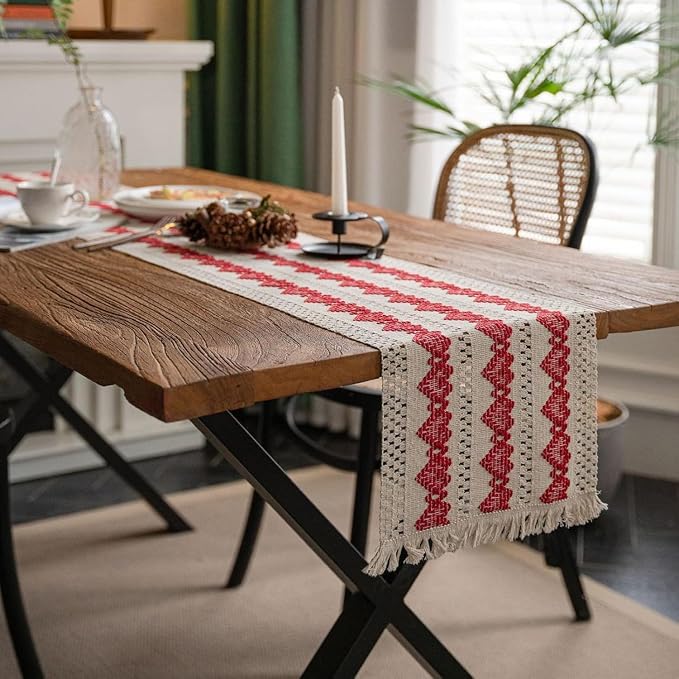 Macrame Table Runner Beige and Red Heart Table Runners with Tassels Hand Woven Cotton Table Runner Rustic Farmhouse Table Runners for Valentine's Day Bohemian Kitchen Dining Table(12x71in)