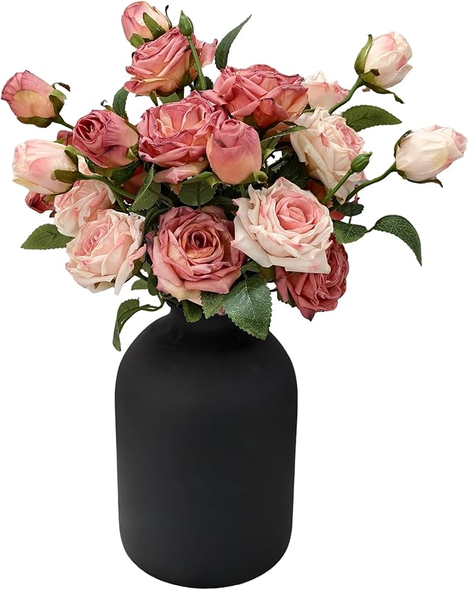 Artificial Flowers with Matte Black Metal Vase, 18 Heads Silk Roses,Faux Flowers for Centerpieces,Modern Farmhouse Decor Home Decor, Tabletop Decorations for Party, Kitchen Dining Coffee Table Decor