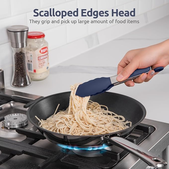 600ºF Heat Proof Kitchen Tong: U-Taste 7" Silicone Cooking Tong with Firm Sealed Non Stick Rubber Tips & Silicon Coated 18/8 Stainless Steel Handle & Smooth Locking for Serving Salad (Midnight Blue)
