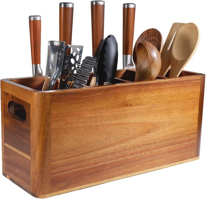 Wooden Kitchen Utensil Holder Organizer for Counter or Countertop, Large Wooden Utensil Holder 4 Compartment, Acacia Wood Container Extra Large.with Strong Magnets Multifunctional Storage Knife Holder