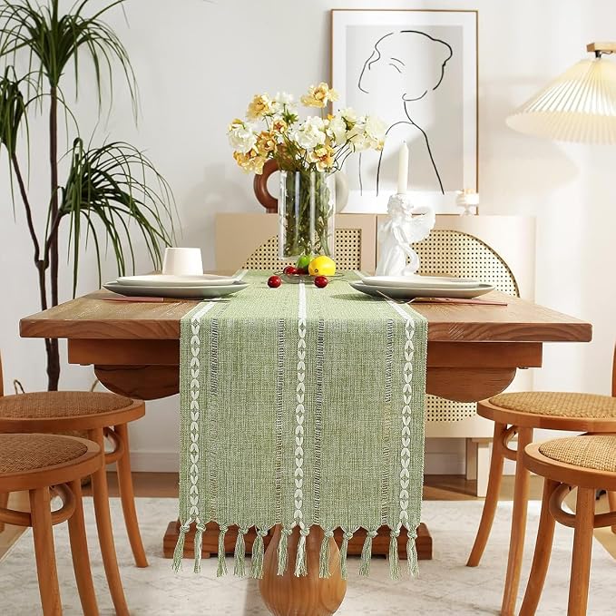 Wracra Rustic Hemstitch Table Runner, Linen Farmhouse Table Runners 60 Inches Long with Tassels for Dining Kitchen Coffee Table Decor, Party and Dresser Decor (Sage Green, 13×60")