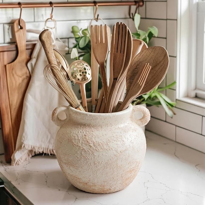 Qinyoung Rustic Kitchen Utensil Holder 6 Inch Small Ceramic Utensil Holder with Handle Vintage Crock Decoration Spatula Organizer for Kitchen Countertop Farmhouse Party Supplies (White,Elegant)