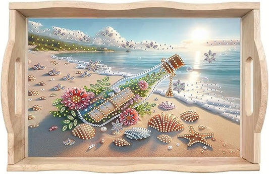 DIY Diamond Serving Tray with Handle Handmade Diamond Art Painting Wooden Rectangular Breakfast Tray for Dinner Plate Coffee Room Living Home Organizer-Bottle