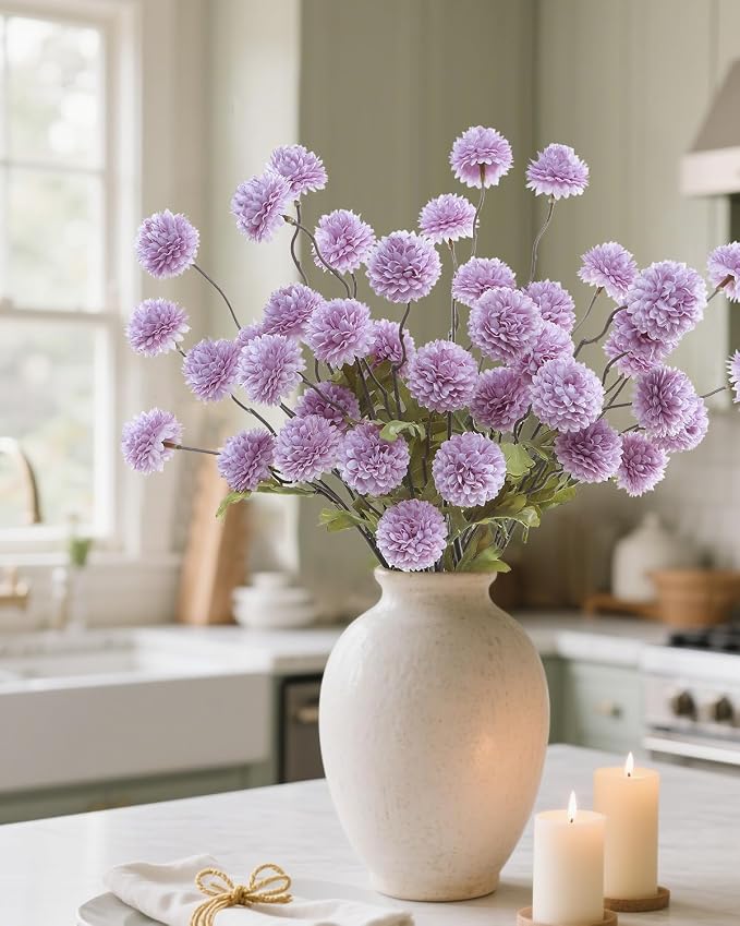 DuHouse 6pcs Artificial Flowers Faux Silk Pompon Mum,Silk Small Mini Chrysanthemum Ball with Stems for DIY Bouquets Centerpieces Vase Home Table Kitchen Decorations(Purple)