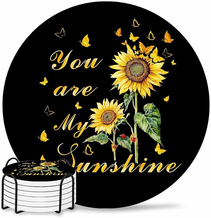 Coasters Set of 6 Sunflowers Drink Coasters with Holder Absorbent Stone Ceramic Cup Mat Black Butterfly You are My Sunshine Coaster for Drinks Coffee Bar Office Kitchen Cafe Home Decor