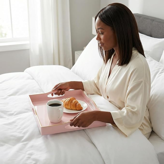 Pink Serving Tray with 4 Handles, Plastic Decorative Tray for Coffee Table, Ottoman - Ideal for Living Room & Bathroom. 15” x 11” x 1.9”