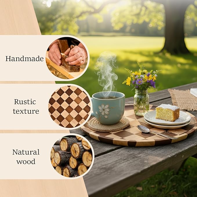 MSJGA 11 Inches Round Wooden Serving Trays Decorative Candle Plate Holder with Unique Checkered Design for Home Decor, Coffee Table, Dining Table, Kitchen Island