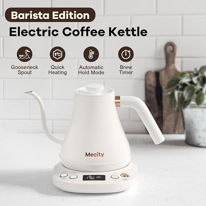 Mecity Electric Gooseneck Kettle With Keep Warm Function & LCD Display Automatic Shut Off Coffee Kettle Temperature Control Pour Over Kettle 1200 Watt, 0.8L, 120V, Off White