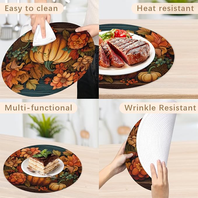 Round Placemats Set of 6, Autumn Pumpkin Sunflowers Leaves Woven Placemats Mats Non-Slip Heat Resistant Washable Table Mats Round Braided Place for Farmhouse Kitchen Dining Party Decor 15in