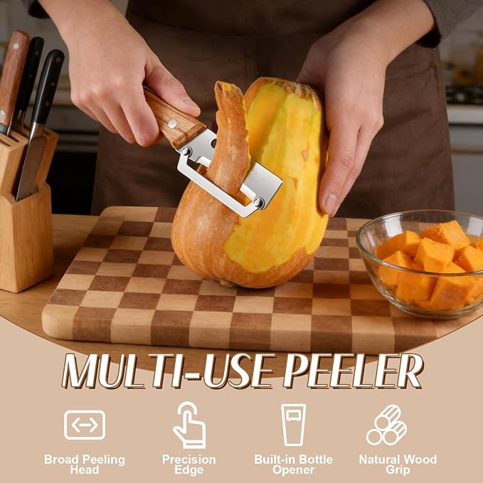2026 Upgrade Vegetable Peeler With Wooden Handle, Stainless Steel Wide Blade Potato and Carrot Peeler, 2-in-1 Veggie Peeler With Bottle Opener for Kitchen, Camping and Travel (2PCS)