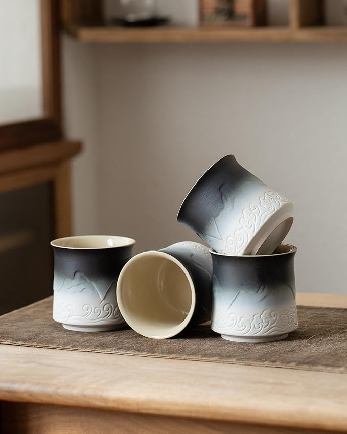 ZENS Japanese Tea Cup Set of 4, 8 oz Gradient Embossed Ceramic Japan Tea Cups - Matcha Tea, Handles FREE, Traditional Asian Cups for Gongfu Tea in Black & White