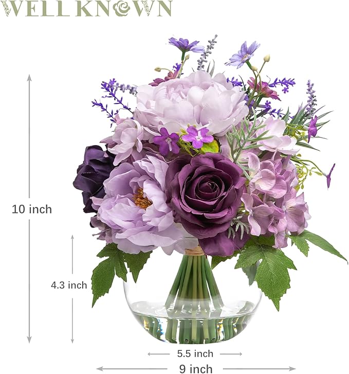 Artificial Flowers in Vase for Home Decor, Fake Lavender & Silk Peony Rose Bouquet Centerpieces in Glass Vase with Fake Water for Party Wedding Dinning Table Office Hotel Decor (Lavender Purple Mixed)