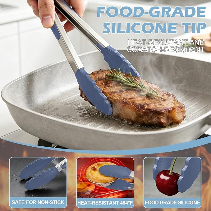 TACGEA Stainless Steel Kitchen Tongs with Silicone Tips, Locking Grilling Food Tongs, 9" and 12", Set of 2 Blue