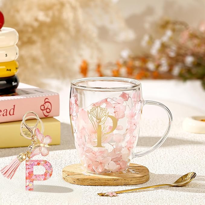 Personalized Gifts for Women Flower Glass Coffee Mug Initial Tea cup Monogrammed Customized Bridesmaid Bride Wedding Gifts Graduation Gifts Valentine Mother's Day Birthday Christmas Gift (P)