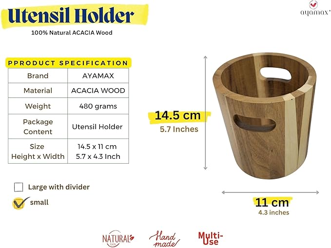 Acacia Wooden Utensil Holder | Kitchen Utensils Holder & Organizer for Countertop | Rustic Farmhouse Style Utensil Pot (Small 11×14.5cm)