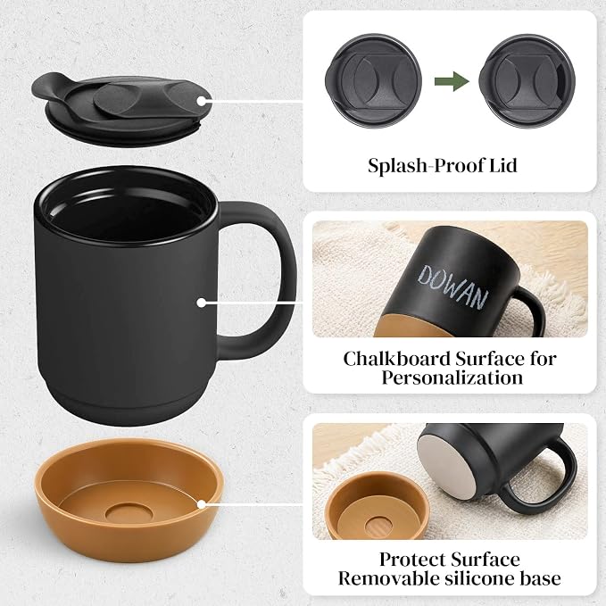 DOWAN Coffee Mugs, 15 oz Mug Set of 2, Large Ceramic Coffee Mug with Silicone Bottom and Spill Proof Lid for Mom Dad, Big Mug for Latte Tea, Matte Grey