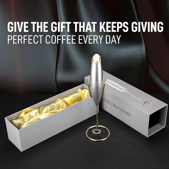 Zulay Kitchen Powerful Milk Frother Wand With Duracell Batteries - Ultra Fast Handheld Drink Mixer - Electric Whisk Foam Maker for Coffee, Lattes, Cappuccino & Matcha - Z1 Motor - Exec Silver Gold