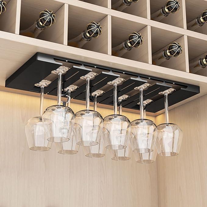 V3VOGUE 4/5/6 Rows Wine Glass Rack Hanging, Under Cabinet Wine Glass Holder Display Stand, Stainless Steel Stemware Rack with Screws, Stemware Storage Rack for Cabinet Kitchen Bar (Size : 4 Row)