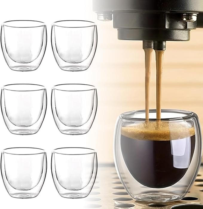 6pcs Double Wall Espresso Cups, 3 Ounce Glass Coffee Mugs, Clear Espresso Shots, Insulated Small Demitasse Cups for Cappuccino Latte Tea(COLOR:Transparent)