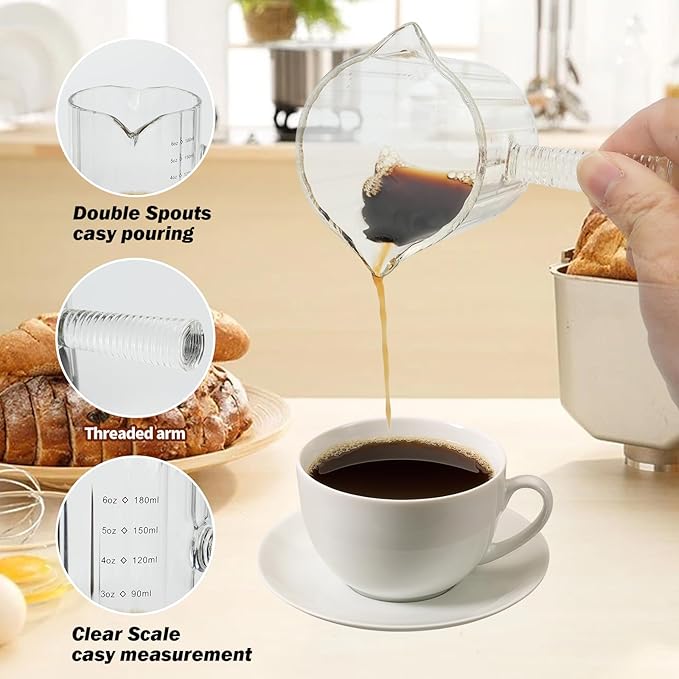 Glass Espresso Cup 6 OZ, Double Shots Measuring Cup with Glass Handle for Dishwasher Safe, Double V-Shaped Spout Milk Frothing Pitcher, Espresso Accessories for Machine, Demitasse Cups (Clear)