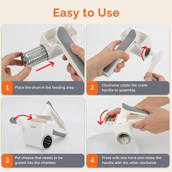 UHIYEE Patented Rotary Parmesan Cheese Grater, Hand Crank Cheese Shredder with Fine & Coarse Drums, Restaurant Quality, White, Stainless Steel & ABS, Dishwasher Safe