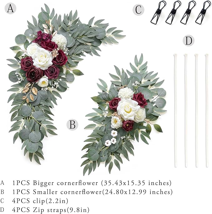 Olalaka Artificial Burgundy Flower Swag Set of 2 for Wedding Welcome Signs Floral Decorations, Wedding Arch Flowers for Wedding Ceremony, Ivory Wedding Flower