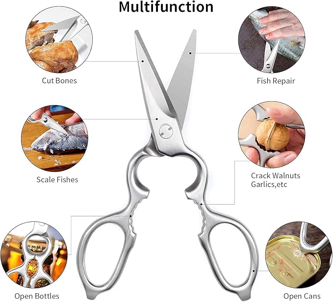 Stainless Steel Detachable Kitchen Shears Full-Steel Forged Metal Scissors for Food, Professional Chef Shears Bone Cutting Meat Pizza Scissors Kitchen Utensils Come Apart, Silver