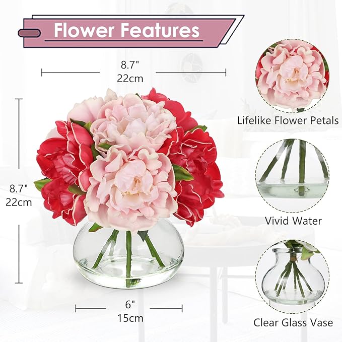 Hollyone Peonies Artificial Flowers with Vase Hot Pink Faux Flowers Peony Fake Flowers Silk Flower Arrangements in Glass Vase with Faux Water for Home Decor Bathroom Table Centerpiece Decorations