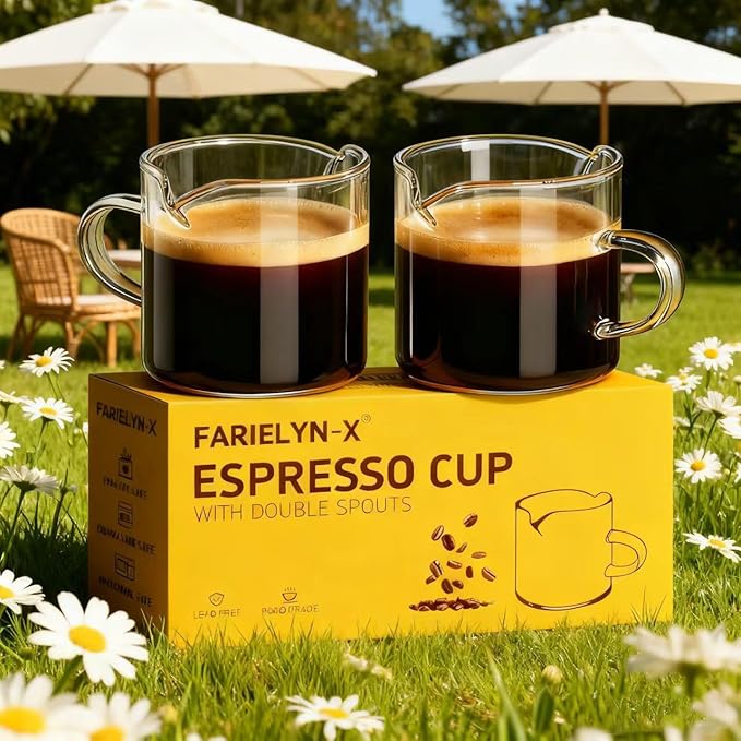 5 OZ Espresso Cups Set of 2, Double Spouts Cups, Shot Glasses, Milk Cup with Handle, Clear Glass, Espresso Accessories for Making Coffee Desserts Salad Dressing Machine (1 ounce more than others )