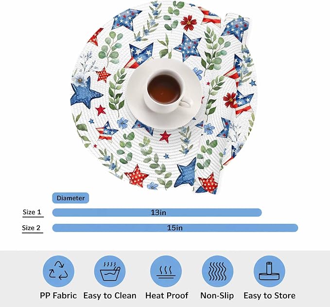 4th of July Round Placemats Set of 6 Patriotic Star Floral Place Mats Independence Day Woven Placemat Green Eucalyptus Leaves Circle Braided Table Mat for Kitchen Dining Table Party Decor 15 Inch