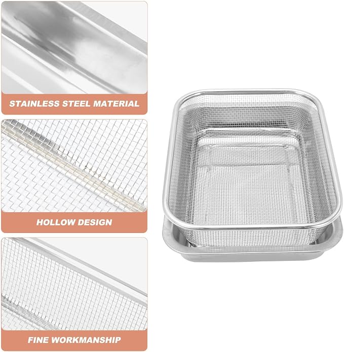 POPETPOP Stainless Steel Drain Oil Plate with Rectangular Baking Sheet and Removable Cooling Rack, Dishwasher Safe and Easy to Clean, for Kitchen Baking and Oil Draining