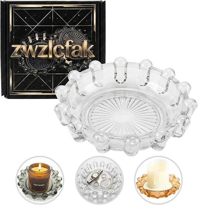Crystal Clear Bubble Glass Candle Dish, Elegant Candle Holder Tray for Home Decor, Glass Candle Plate for Tea Lights Votives & Diffusers, Versatile Catchall Dish