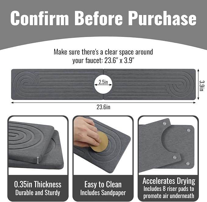 Hopegiver Stone Faucet Mat for Kitchen Sink - Fast Drying Diatomite Sink Protector Prevent Moisture, Super Water Absorbing Stone Tray for Kitchen & Bathroom Counter (Gray, 23.6"x3.9")