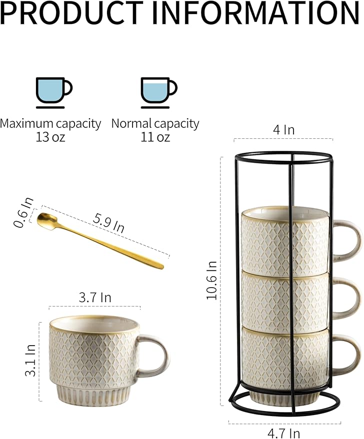 Gomakren Coffee Mugs Set of 4, 13 Ounce Stackable Coffee Mugs with Stand, Ceramic Coffee Cups with Spoon for Coffee, Espresso, Cappuccino, Latte, Cocoa, Tea and Milk, Creamy White