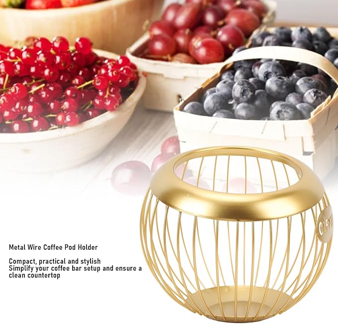 Coffee Pod Holder for Countertop, Coffee Pod Basket Metal Capsule Storage Basket Metal Coffe Pods Storage Large Capacity Coffe Station Organizer (Gold)