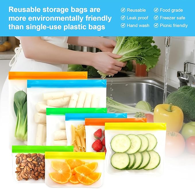 6 Pack Reusable Storage Bags, Thick Leakproof Freezer Bags, Food Storage Containers for Meat, Veggies, Sandwiches, Snacks, Travel, and Home Use(6Pcs-2 Small + 2 Medium + 2 Large)