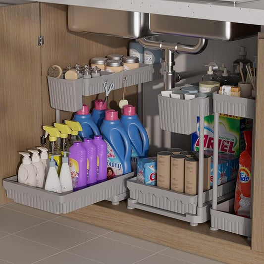 Sevenblue 3 Pack Multi-Purpose Pull-Out Storage Organizers, 2-Tier L-Shaped Under Sink/Cabinet Organizers and Storage for Bathroom & Kitchen,Grey,12.85 Inch