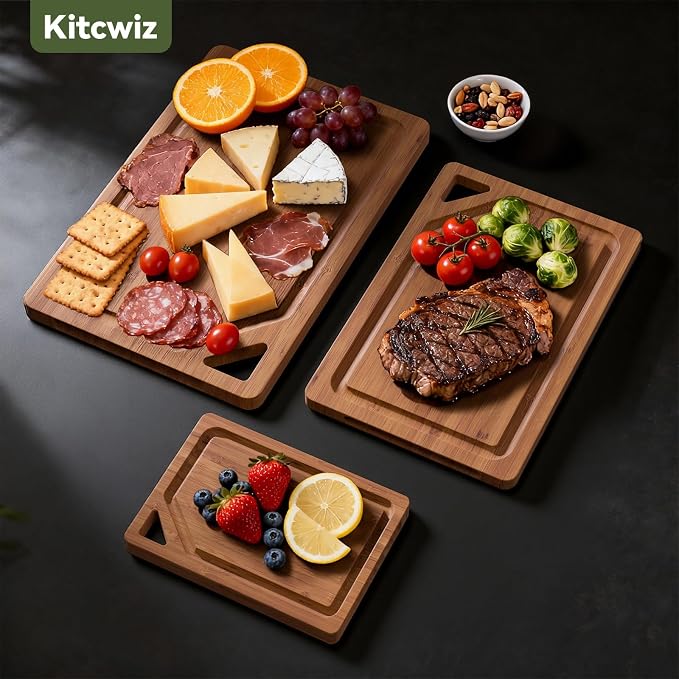 Bamboo Cutting Boards for Kitchen, Wood Cutting Boards with Deep Juice Grooves, 3-Pack Bamboo Cutting Board Set with Holder, Chopping Board & Charcuterie Board for Meal Prep & Serving